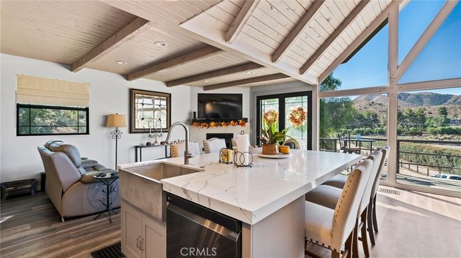 Fireplace, Interior, Kitchen, Recessed Lighting, Wooden Beams, Wooden Ceilings, Wood Texture Flooring