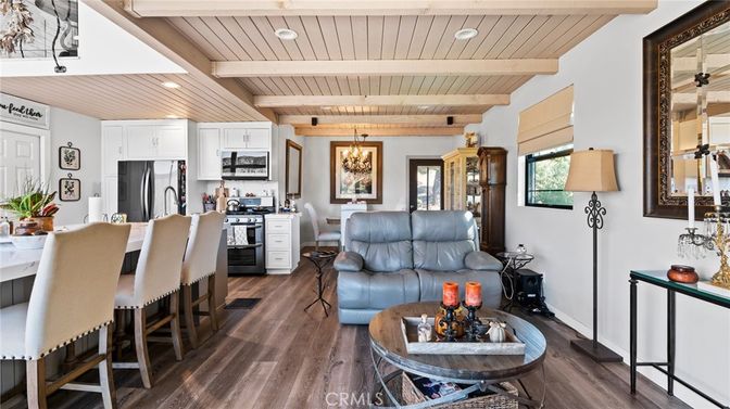 Interior, Kitchen, Living room, Recessed Lighting, Stainless Steel Appliances, Wooden Beams, Wooden Ceilings, Wood Texture Flooring