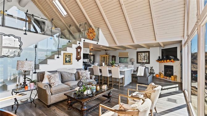 Dining room, Fireplace, Interior, Kitchen, Living room, Pendant Lights, Recessed Lighting, Wooden Beams, Wooden Ceilings, Wood Texture Flooring