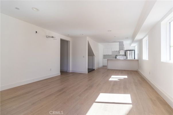 Empty room, Interior, Kitchen, Recessed Lighting, Wood Texture Flooring