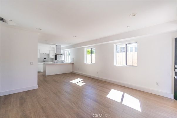 Empty room, Interior, Kitchen, Recessed Lighting, Wood Texture Flooring