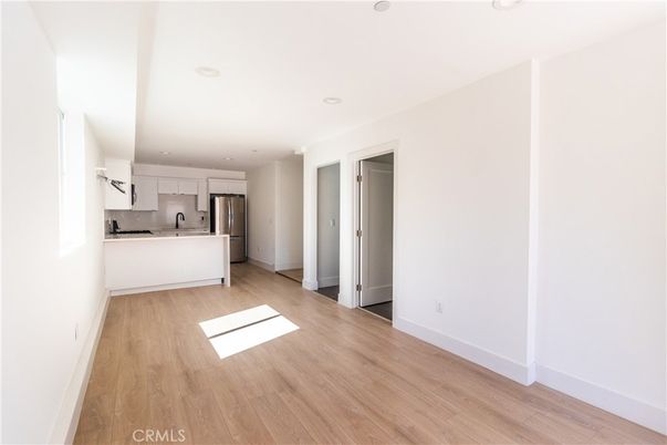 Empty room, Interior, Kitchen, Recessed Lighting, Wood Texture Flooring