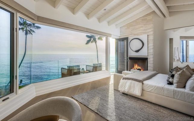 Bedroom, Fireplace, Interior, Water, Wood Texture Flooring