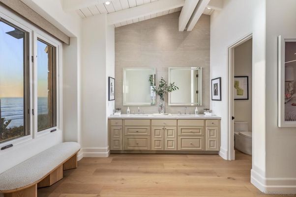 Bathroom, Dual Sink Vanities, Interior, Recessed Lighting, Water, Wood Texture Flooring
