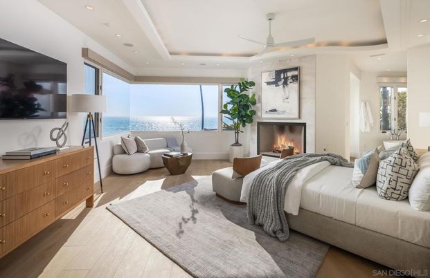 Bedroom, Fireplace, Interior, Recessed Lighting, Water, Wood Texture Flooring