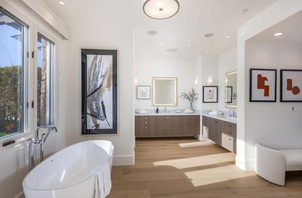 Bathroom, Dual Sink Vanities, Free Standing Baths, Interior, Recessed Lighting, Wood Texture Flooring