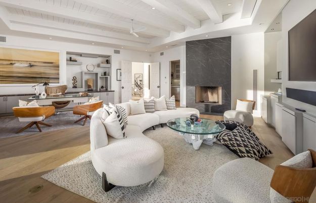 Dining room, Fireplace, Interior, Living room, Marble Walls, Recessed Lighting, Wood Texture Flooring