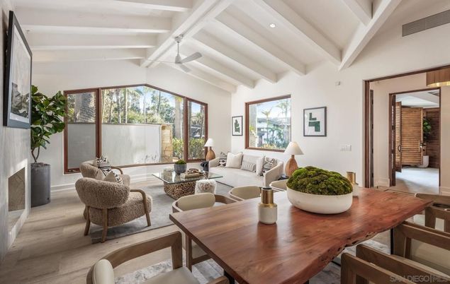Dining room, Interior, Living room, Recessed Lighting, Wood Texture Flooring