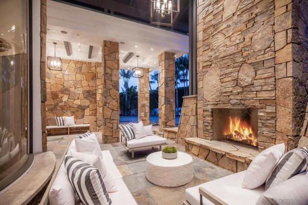 Fireplace, Interior, Living room, Pendant Lights, Recessed Lighting, Stone Walls