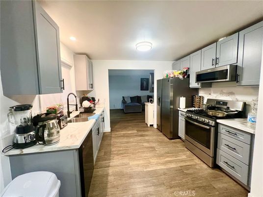 Interior, Kitchen, Recessed Lighting, Stainless Steel Appliances, Wood Texture Flooring