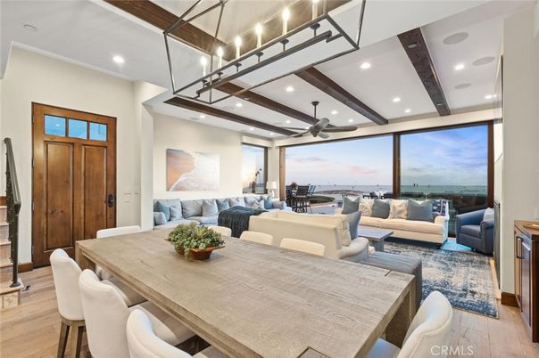 Dining room, Interior, Living room, Recessed Lighting, Water, Wooden Beams, Wood Texture Flooring