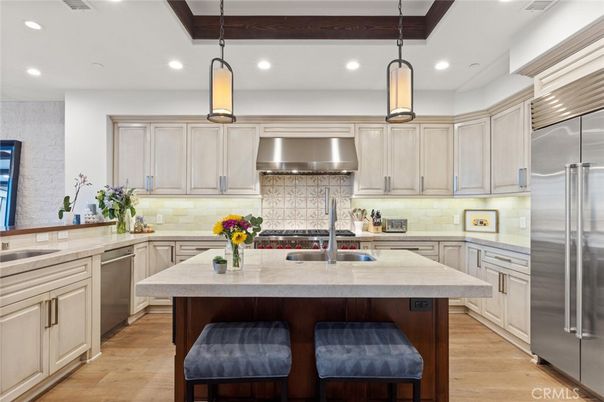 Interior, Kitchen, Pendant Lights, Recessed Lighting, Stainless Steel Appliances, Wooden Beams, Wood Texture Flooring