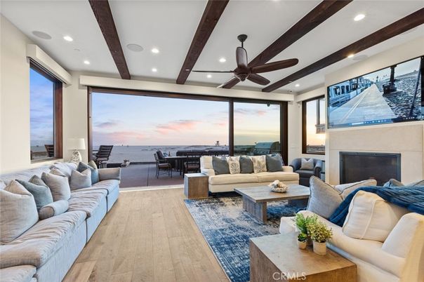Fireplace, Interior, Living room, Recessed Lighting, Water, Wooden Beams, Wood Texture Flooring