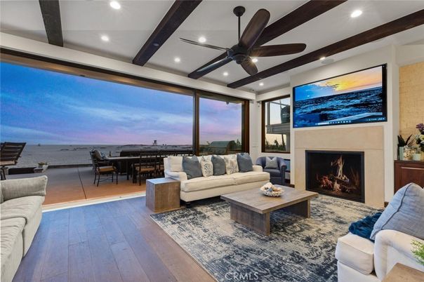 Fireplace, Interior, Living room, Recessed Lighting, Water, Wooden Beams, Wood Texture Flooring