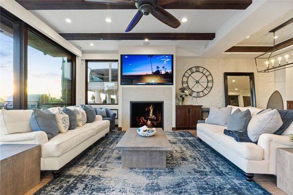 Fireplace, Interior, Living room, Pendant Lights, Recessed Lighting, Wooden Beams