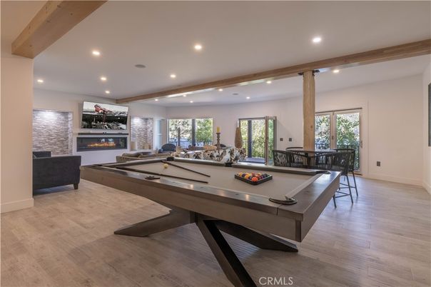 Billiard Table, Fireplace, Game Room, Interior, Recessed Lighting, Wooden Beams, Wood Texture Flooring