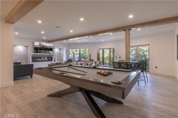 Billiard Table, Fireplace, Game Room, Interior, Recessed Lighting, Wooden Beams, Wood Texture Flooring