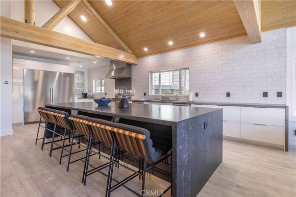 Interior, Kitchen, Recessed Lighting, Stainless Steel Appliances, Stone Walls, Wooden Beams, Wooden Ceilings, Wood Texture Flooring