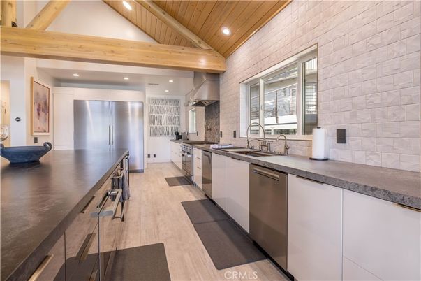 Interior, Kitchen, Recessed Lighting, Stainless Steel Appliances, Stone Walls, Wooden Beams, Wooden Ceilings, Wood Texture Flooring