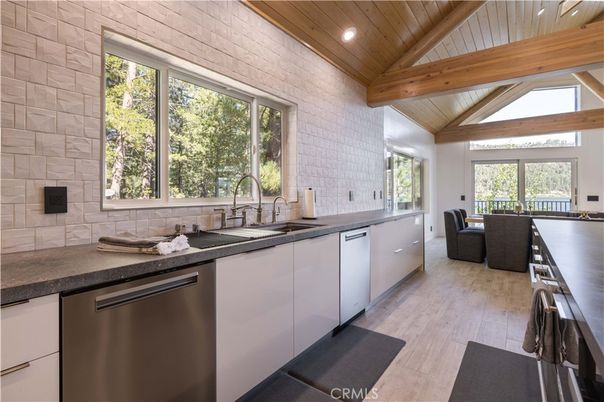 Interior, Kitchen, Recessed Lighting, Stainless Steel Appliances, Stone Walls, Wooden Beams, Wooden Ceilings, Wood Texture Flooring