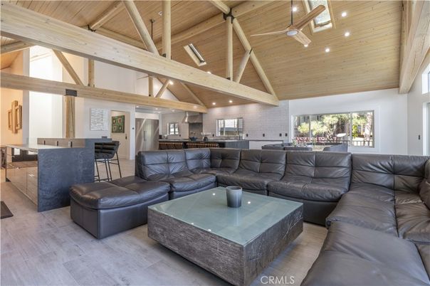 Interior, Kitchen, Living room, Recessed Lighting, Stainless Steel Appliances, Stone Walls, Wooden Beams, Wooden Ceilings, Wood Texture Flooring