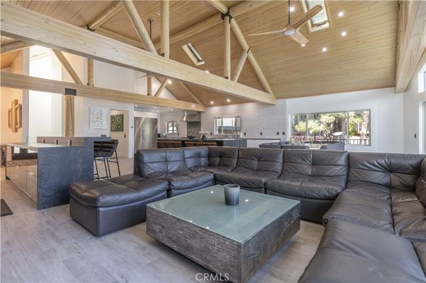 Interior, Kitchen, Living room, Recessed Lighting, Stainless Steel Appliances, Stone Walls, Wooden Beams, Wooden Ceilings, Wood Texture Flooring