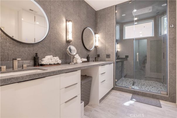 Bathroom, Dual Sink Vanities, Glass Shower, Interior, Recessed Lighting, Wood Texture Flooring