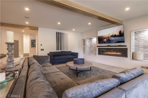 Fireplace, Interior, Living room, Recessed Lighting, Wooden Beams