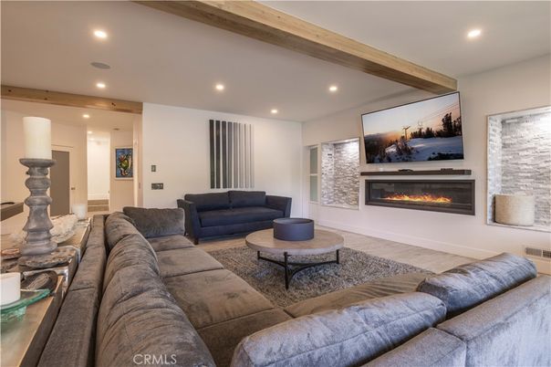 Fireplace, Interior, Living room, Recessed Lighting, Wooden Beams