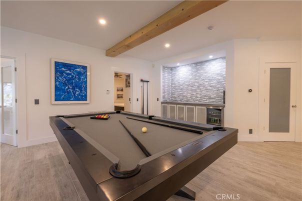 Billiard Table, Game Room, Interior, Recessed Lighting, Wooden Beams, Wood Texture Flooring