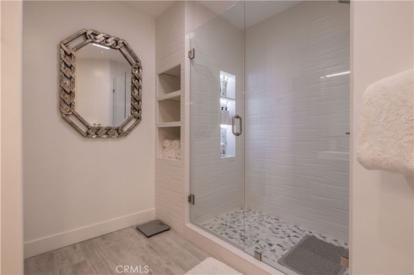 Bathroom, Glass Shower, Interior, Wood Texture Flooring