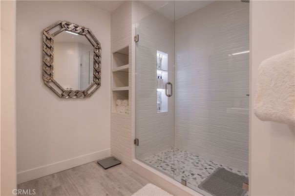Bathroom, Glass Shower, Interior, Wood Texture Flooring
