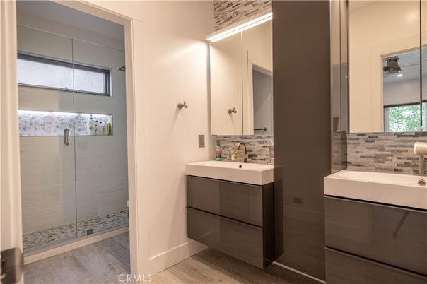 Bathroom, Glass Shower, Interior, Wood Texture Flooring