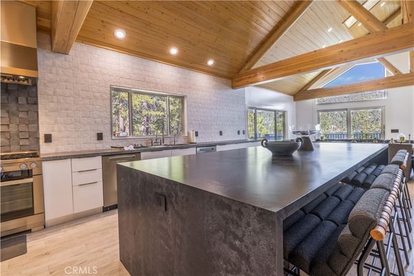 Interior, Kitchen, Recessed Lighting, Stainless Steel Appliances, Stone Walls, Wooden Beams, Wooden Ceilings, Wood Texture Flooring