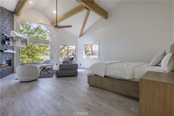 Bedroom, Fireplace, Interior, Recessed Lighting, Wooden Beams, Wood Texture Flooring