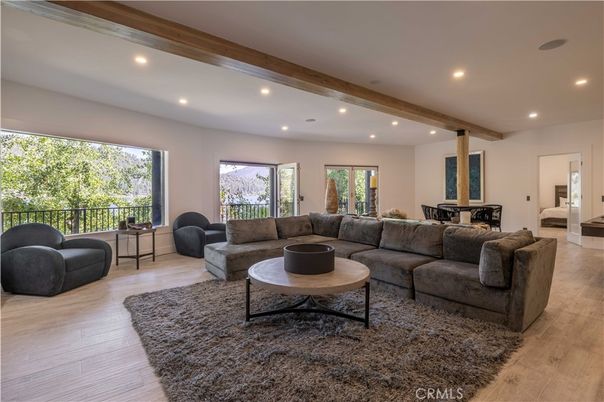 Dining room, Interior, Living room, Recessed Lighting, Wooden Beams, Wood Texture Flooring
