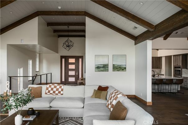 Interior, Kitchen, Living room, Pendant Lights, Recessed Lighting, Stainless Steel Appliances, Wooden Beams, Wood Texture Flooring