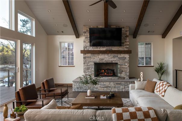 Fireplace, Interior, Living room, Recessed Lighting, Wooden Beams
