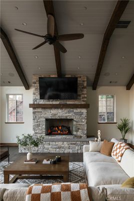 Fireplace, Interior, Living room, Recessed Lighting, Wooden Beams