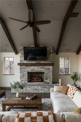 Fireplace, Interior, Living room, Recessed Lighting, Wooden Beams