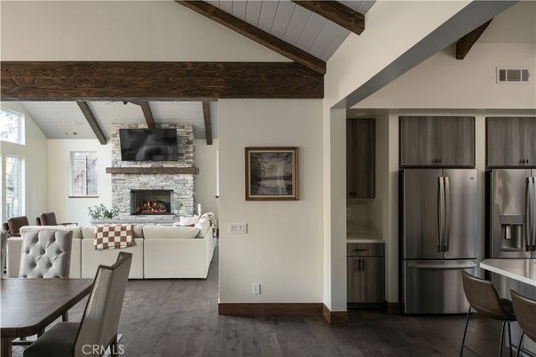 Dining room, Fireplace, Interior, Kitchen, Living room, Stone Walls, Wooden Beams, Wood Texture Flooring