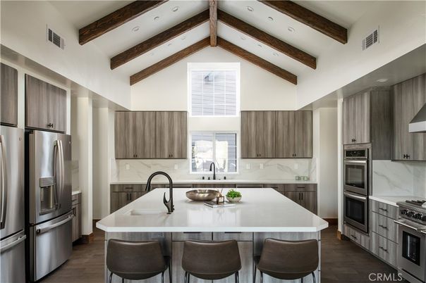 Interior, Kitchen, Recessed Lighting, Stainless Steel Appliances, Wooden Beams, Wood Texture Flooring