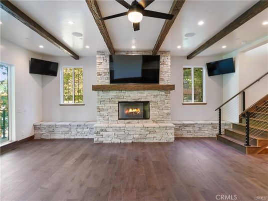 Fireplace, Interior, Recessed Lighting, Wooden Beams, Wood Texture Flooring