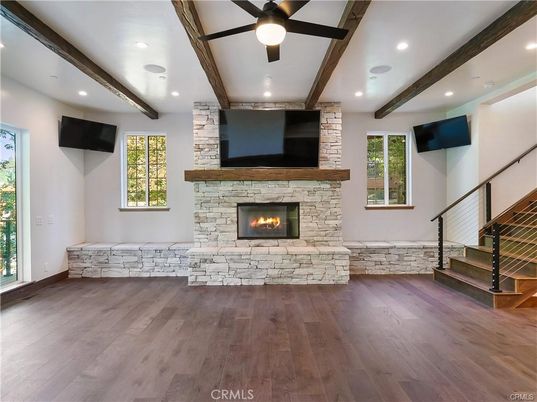 Fireplace, Interior, Recessed Lighting, Wooden Beams, Wood Texture Flooring