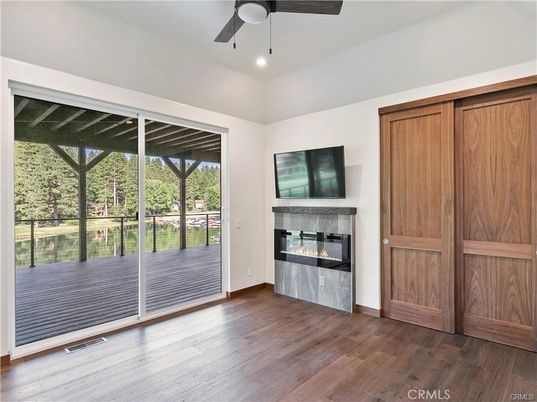 Empty room, Fireplace, Interior, Recessed Lighting, Wood Texture Flooring