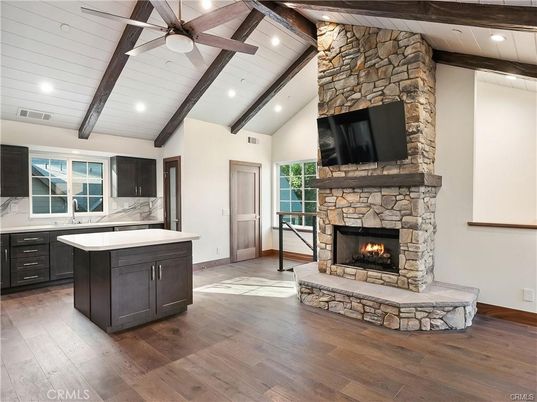 Fireplace, Interior, Recessed Lighting, Wooden Beams, Wood Texture Flooring