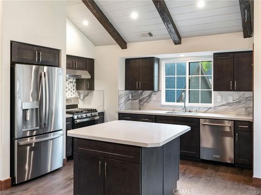 Interior, Kitchen, Recessed Lighting, Stainless Steel Appliances, Wooden Beams, Wood Texture Flooring