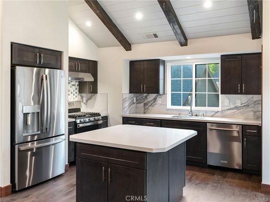 Interior, Kitchen, Recessed Lighting, Stainless Steel Appliances, Wooden Beams, Wood Texture Flooring