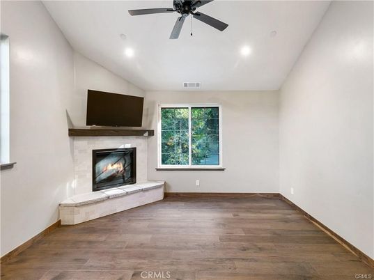 Empty room, Fireplace, Interior, Recessed Lighting, Wood Texture Flooring
