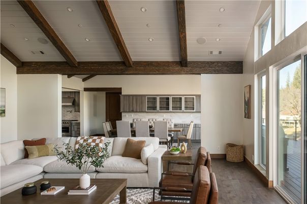 Dining room, Interior, Kitchen, Living room, Recessed Lighting, Wooden Beams, Wood Texture Flooring
